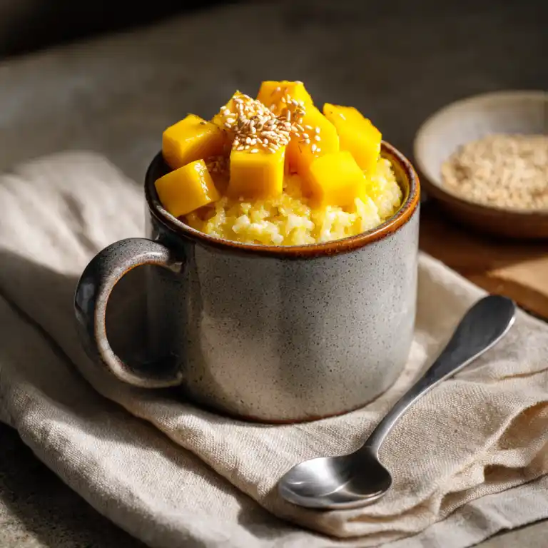 Serving Mango Sticky Rice Mug Cake
