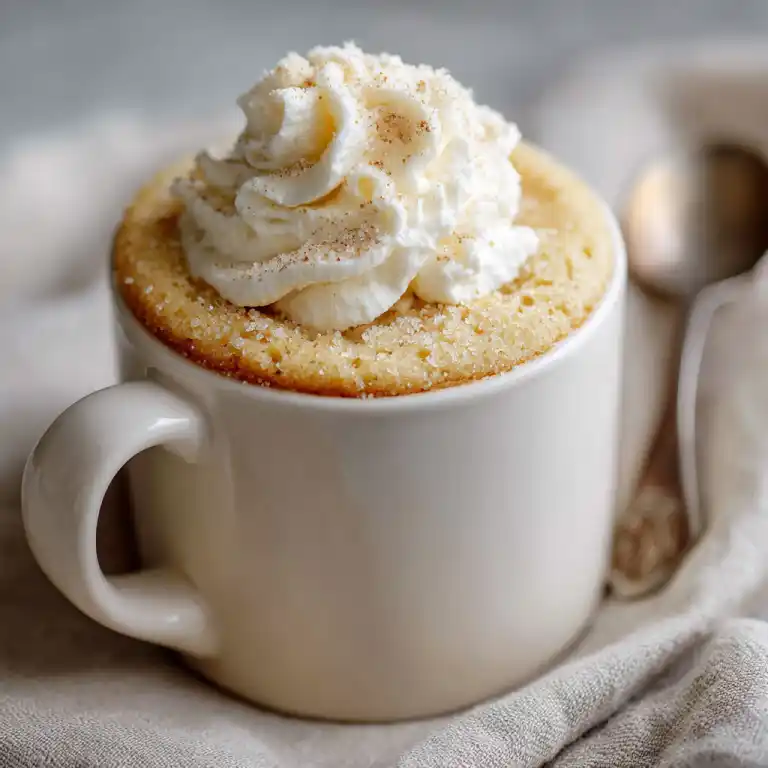vanilla bean mug cake with whipped cream on top