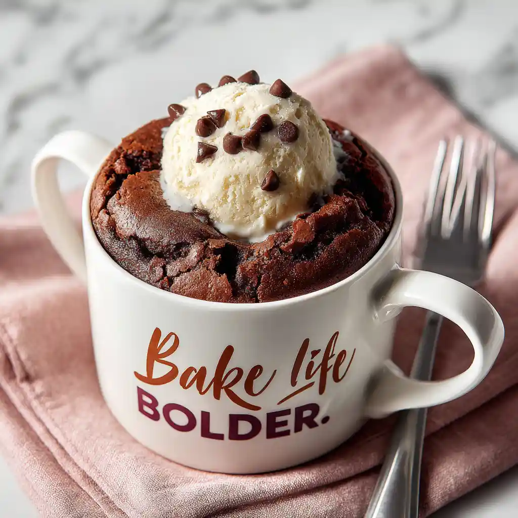 1 minute microwave brownie in a mug topped with vanilla ice cream