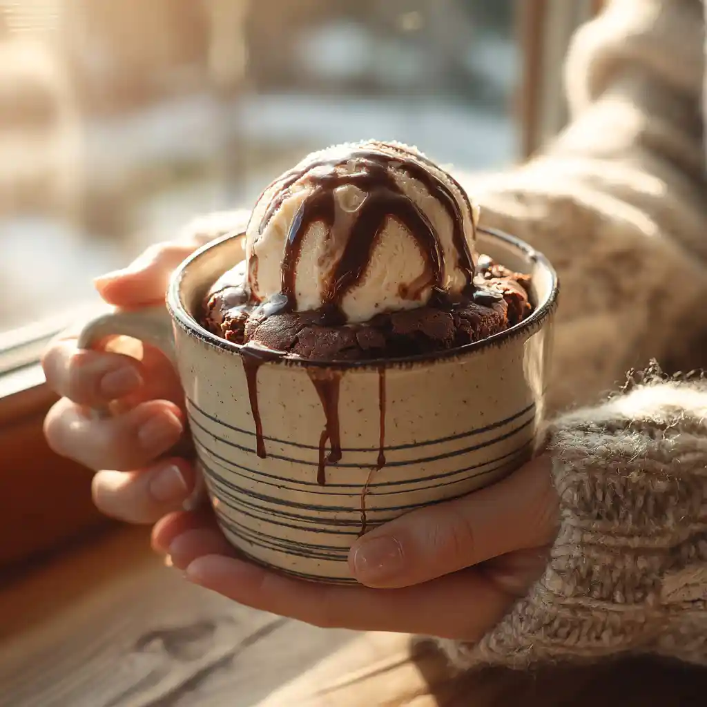 Serving 1 minute microwave brownie in a mug with ice cream