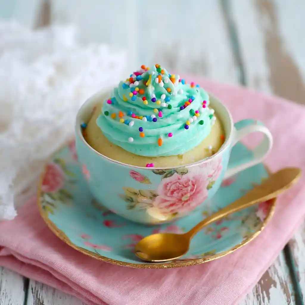 1 Minute Microwave Funfetti Mug Cake with turquoise frosting and sprinkles