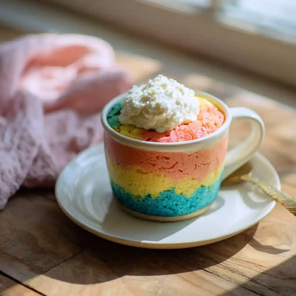 1 Minute Microwave Rainbow Mug Cake in a cozy kitchen