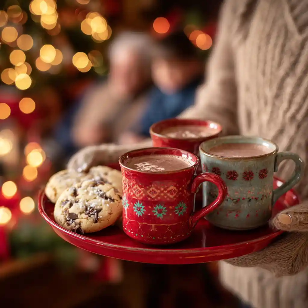 Serving 3 Christmas mug cookies on a holiday tray