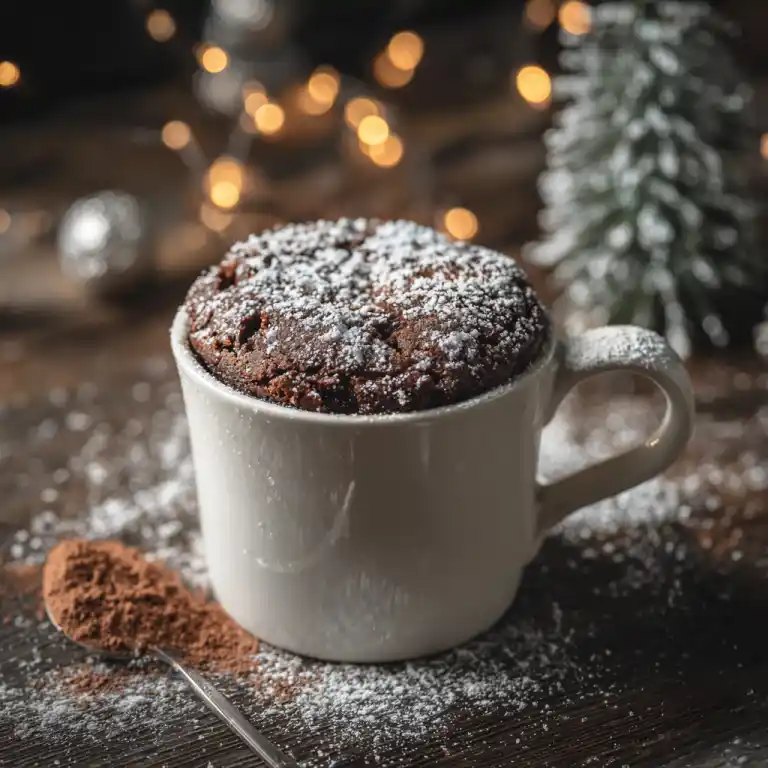 3 ingredient mug cake in a mug on kitchen table
