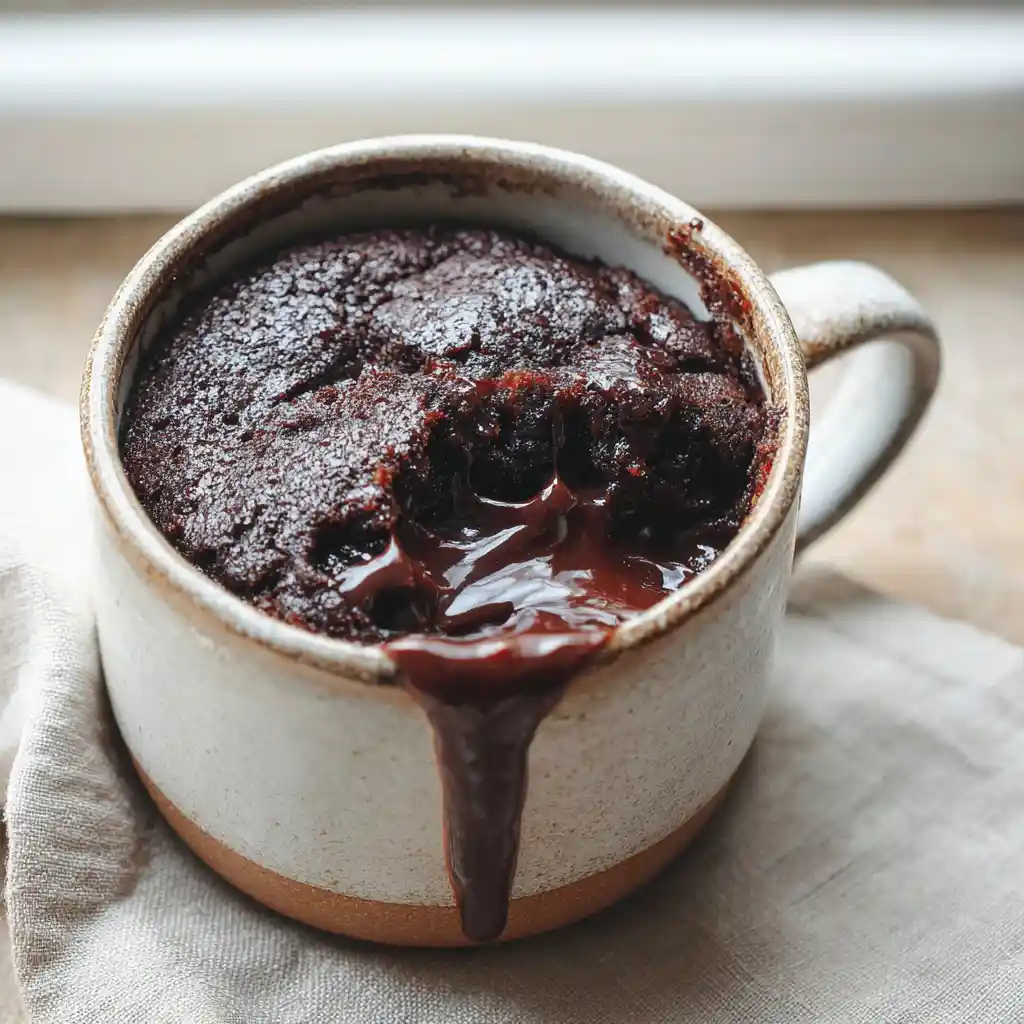 warm cake with chocolate pudding in a ceramic mug with dripping chocolate sauce