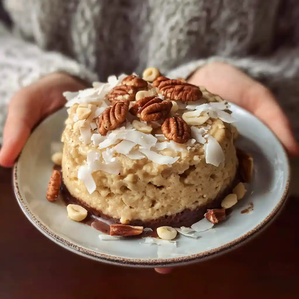 serving high protein german chocolate mug cake with coconut