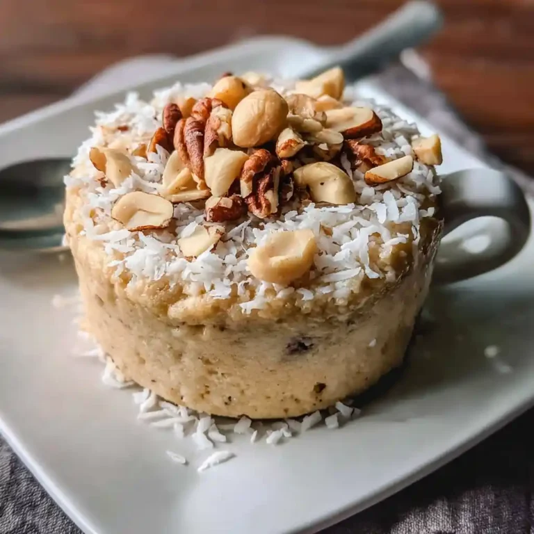 moist high protein german chocolate mug cake topped with coconut
