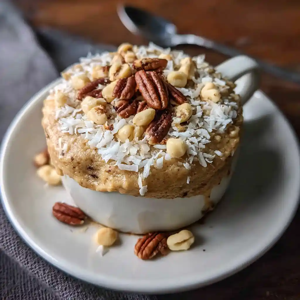 high protein german chocolate mug cake in mug with pecans and coconut