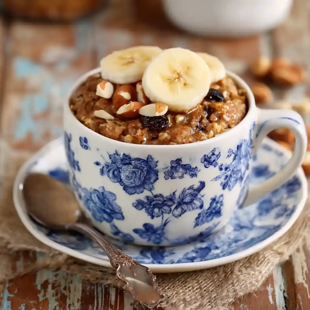 Healthy Microwave Breakfast Cookie in a Mug topped with banana slices