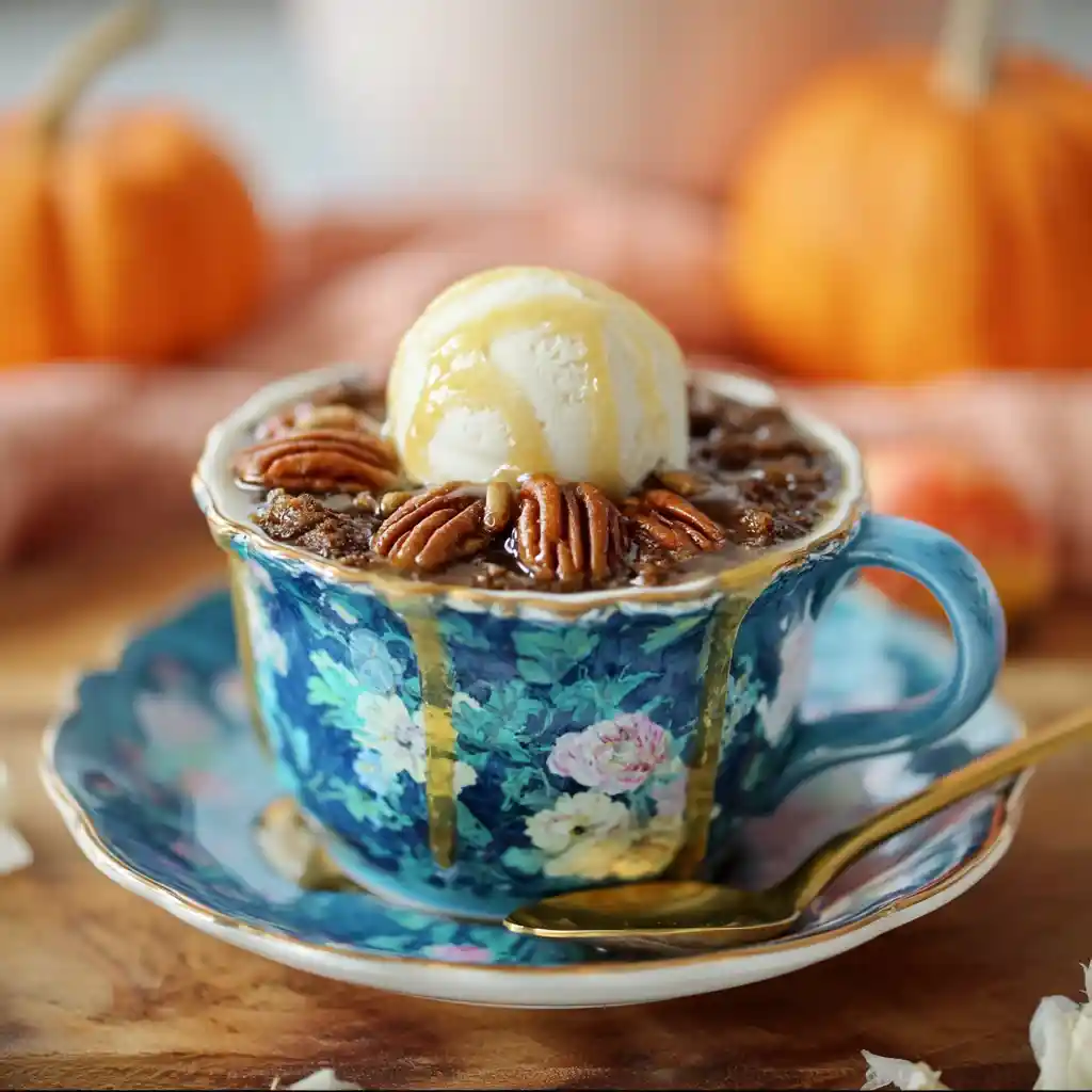 Microwave Mug Pecan Pie with vanilla ice cream and pecans