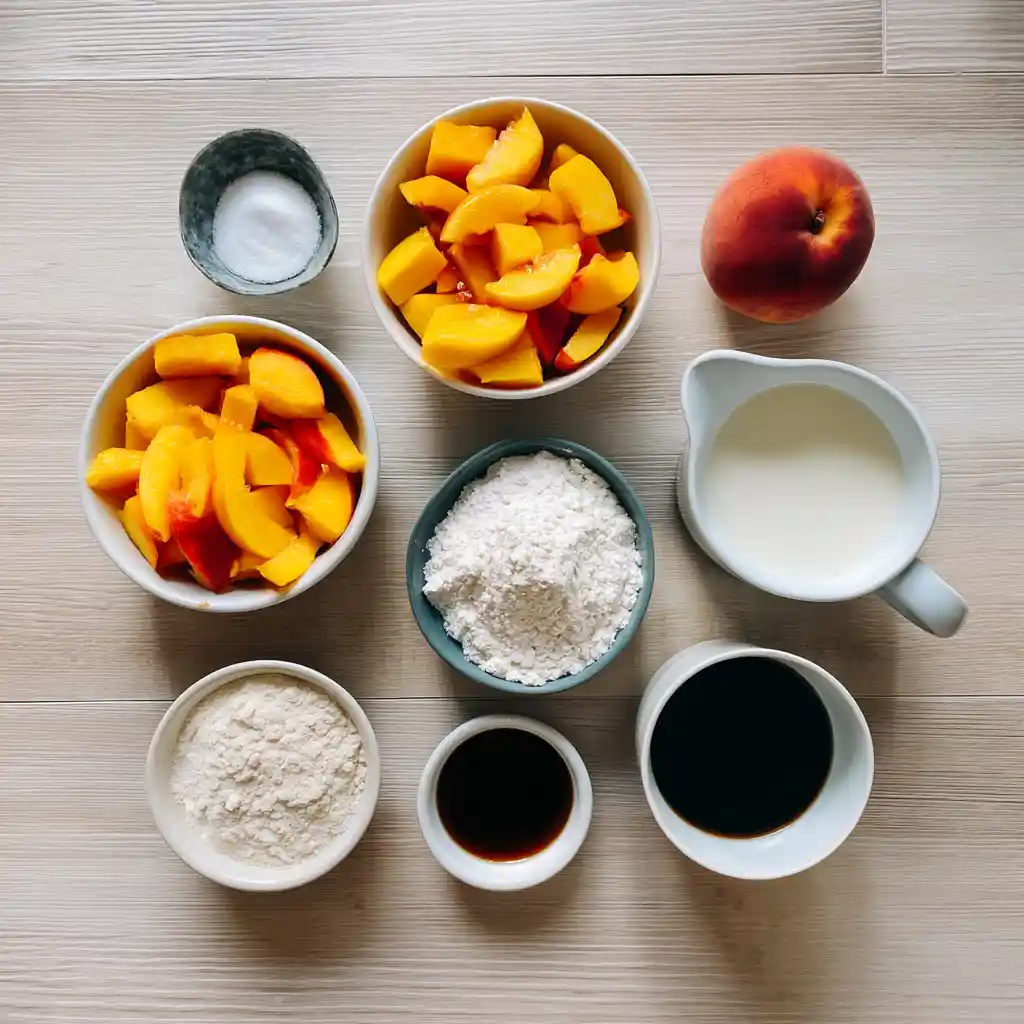 Peach Mug Cake ingredients arranged on counter