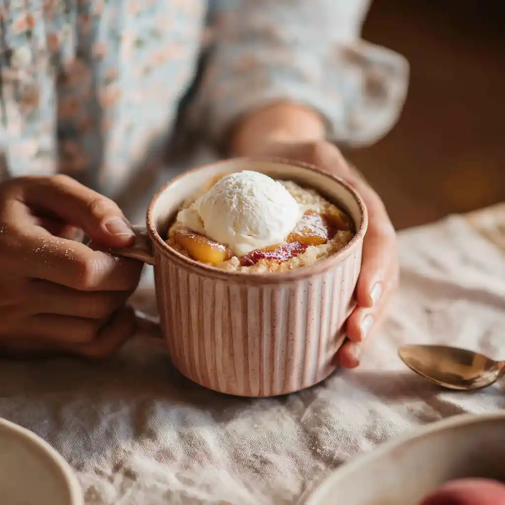 Woman serving Peach Mug Cake topped with ice cream