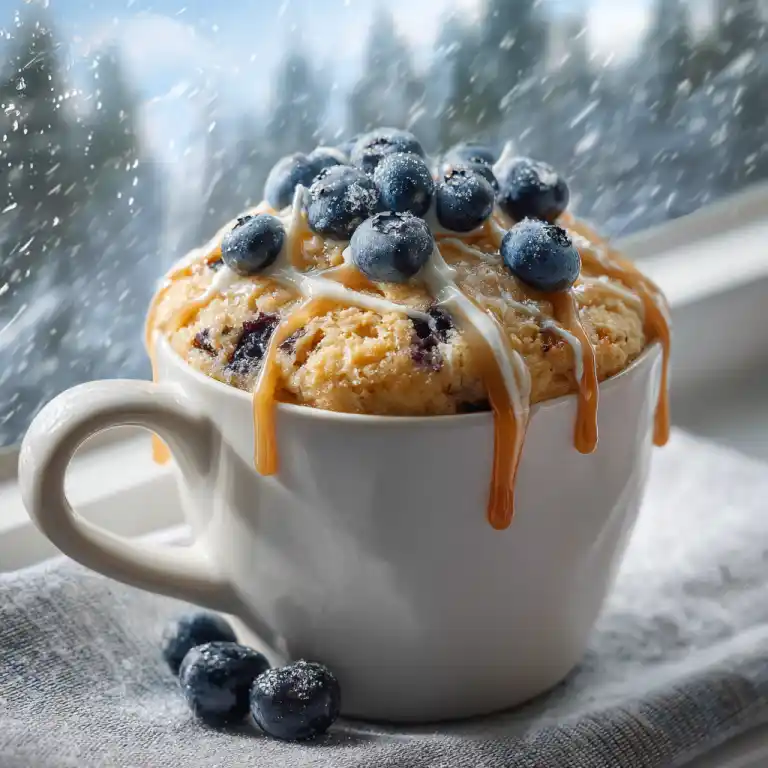 protein blueberry mug cake in a white mug with blueberries
