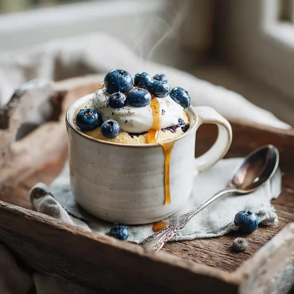 Protein Blueberry Mug Cake served with yogurt and blueberries
