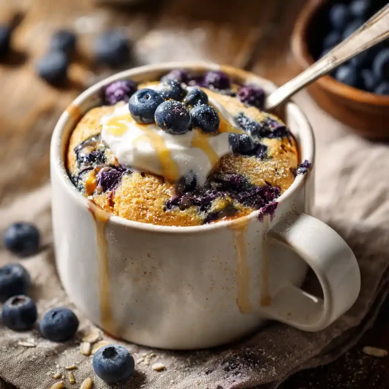 Protein Blueberry Mug Cake with yogurt and fresh blueberries
