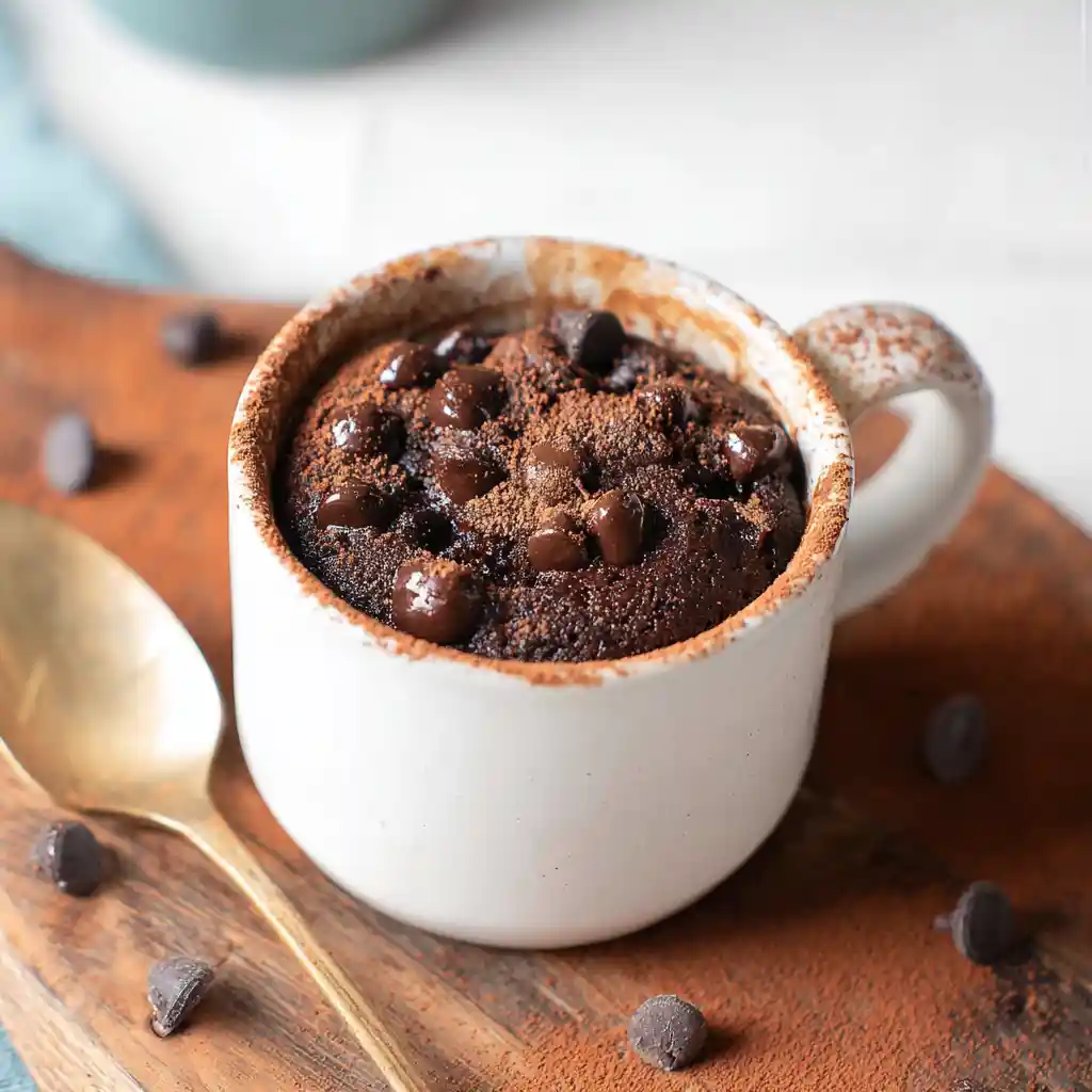 protein powder mug cake with melted chocolate in mug