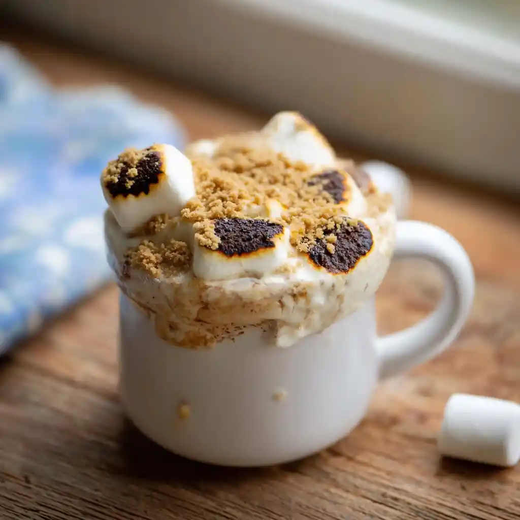 S’more Mug Cake topped with gooey marshmallows and cookie crumbs