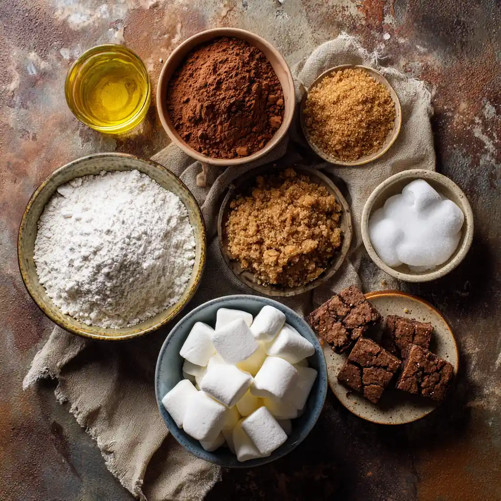 S’more Mug Cake ingredients laid out on a wooden kitchen counter