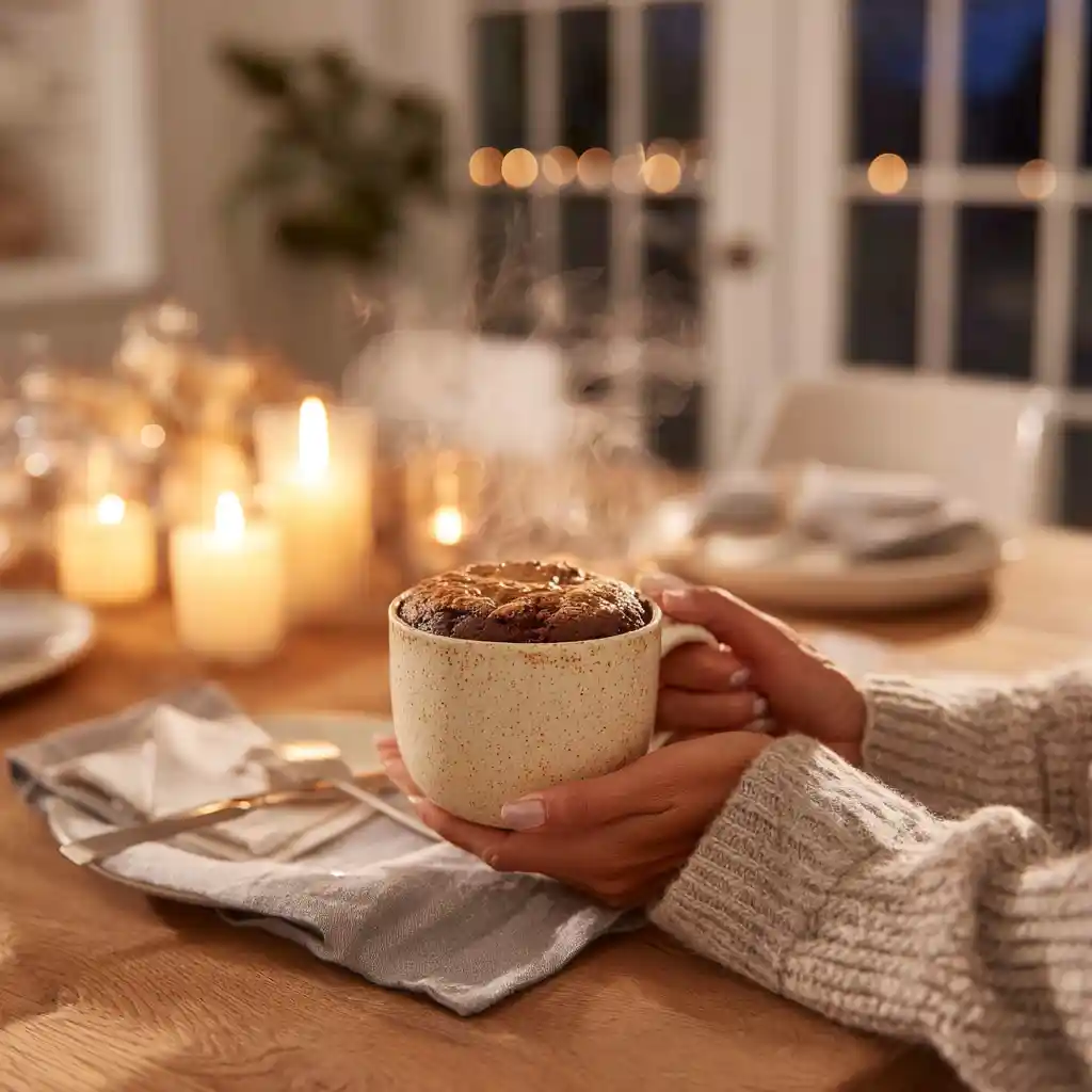 Serving S’more Mug Cake on a cozy kitchen table