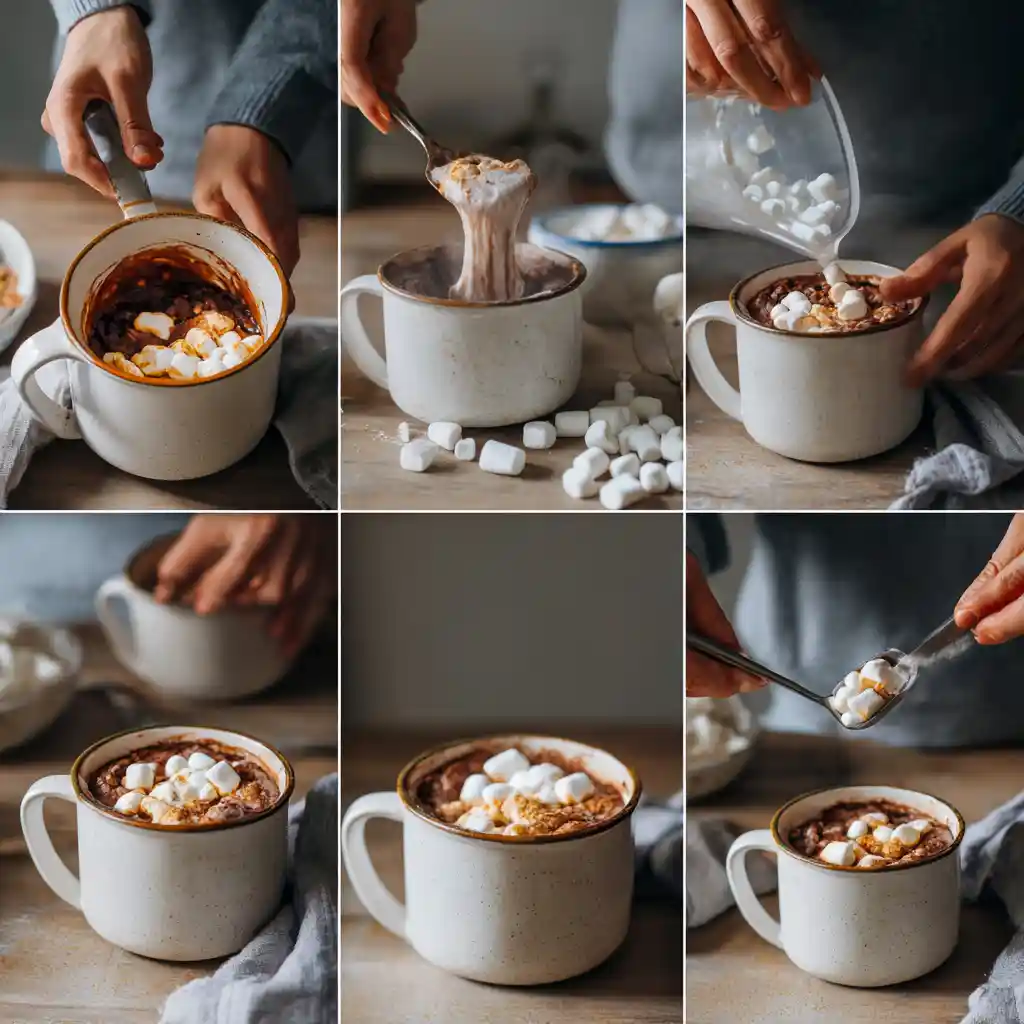 Step-by-step process of making a S’more Mug Cake in a mug