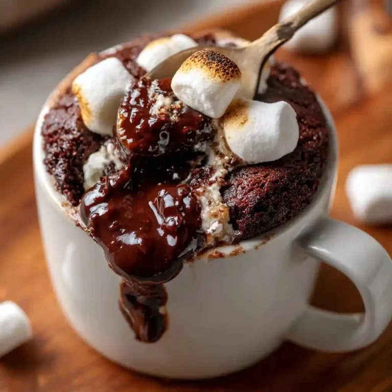 Gooey chocolate S’more Mug Cake with melted marshmallows and cookie crumbs