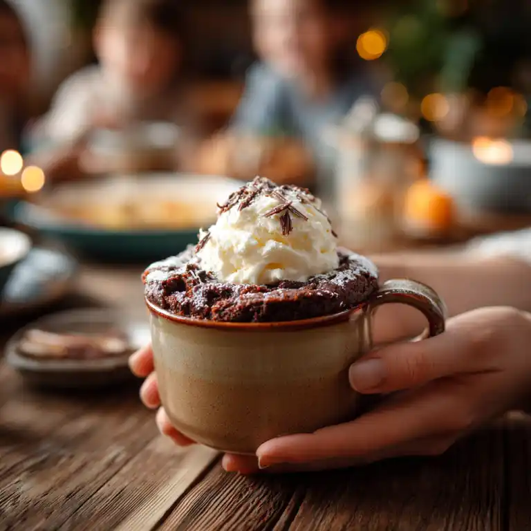 Serving Chocolate Mug Cake topped with ice cream