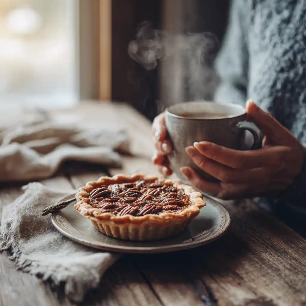 Serving Microwave Mug Pecan Pie with coffee