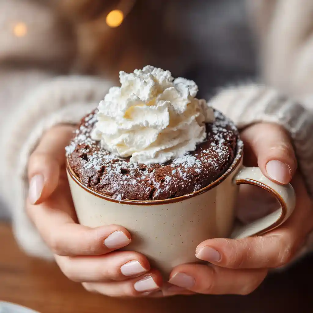 serving un dolce veloce chocolate mug cake with whipped cream