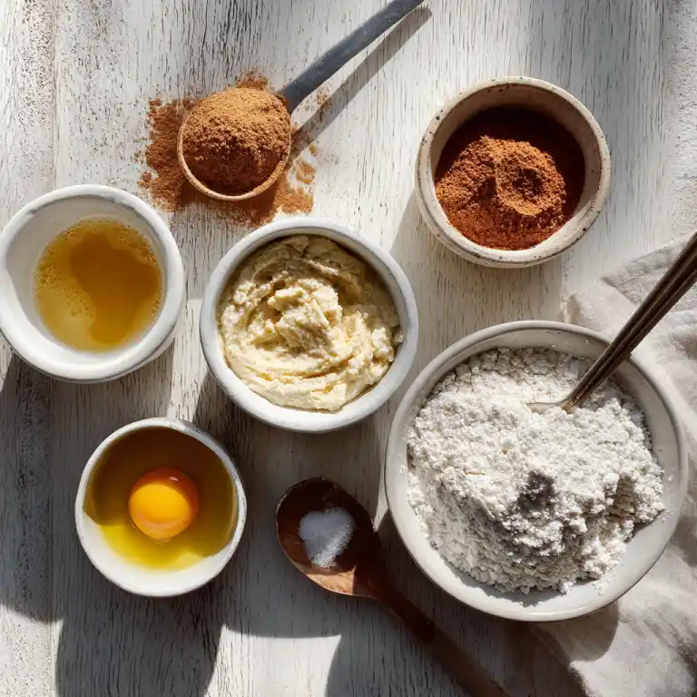 ingredients for vanilla powder protein mug cake on wooden counter