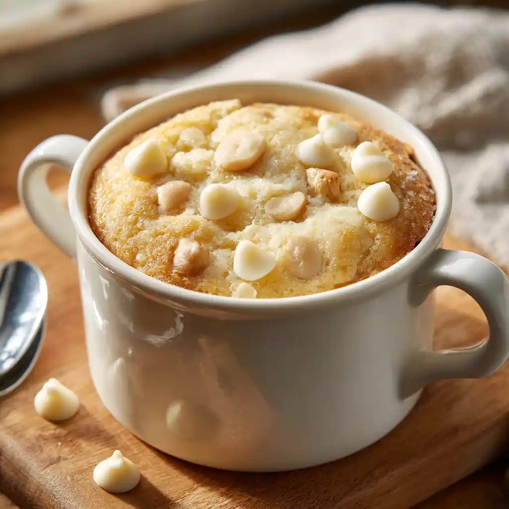 White Chocolate Macadamia Nut Mug Cake freshly baked