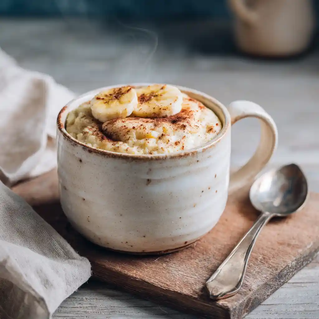 Banana Cinnamon Cottage Cheese Mug Cake Recipe served warm in a cozy kitchen