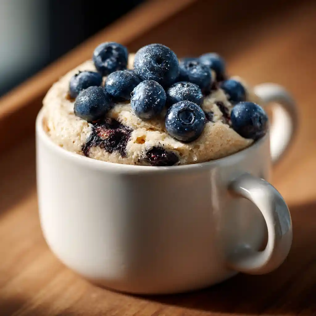 Blueberry Bisquick Mug Cake in a white mug