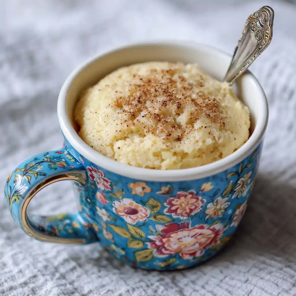boxed cake in a mug on kitchen table
