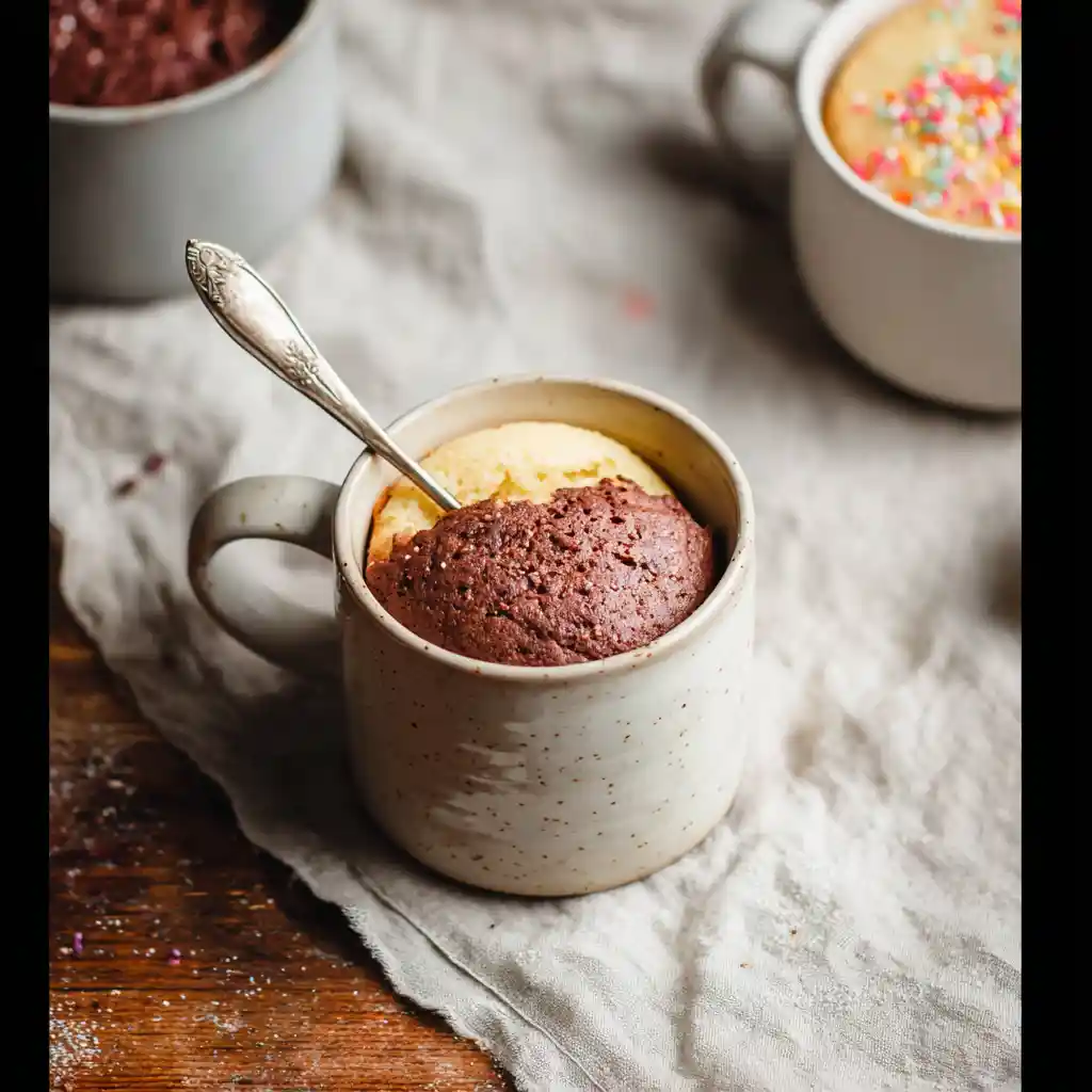 boxed cake in a mug on kitchen table