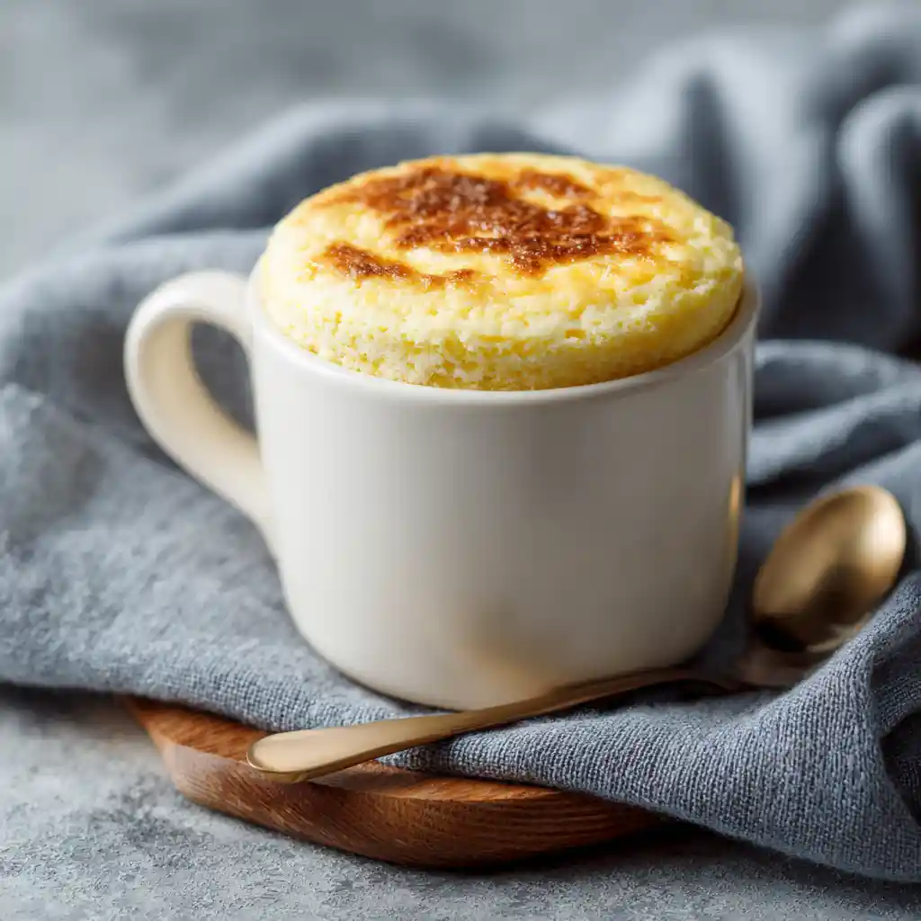 Cheese Mug Cake creamy healthy dessert in white mug
