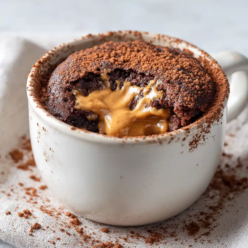 Chocolate Peanut Butter Mug Cake gooey in white mug