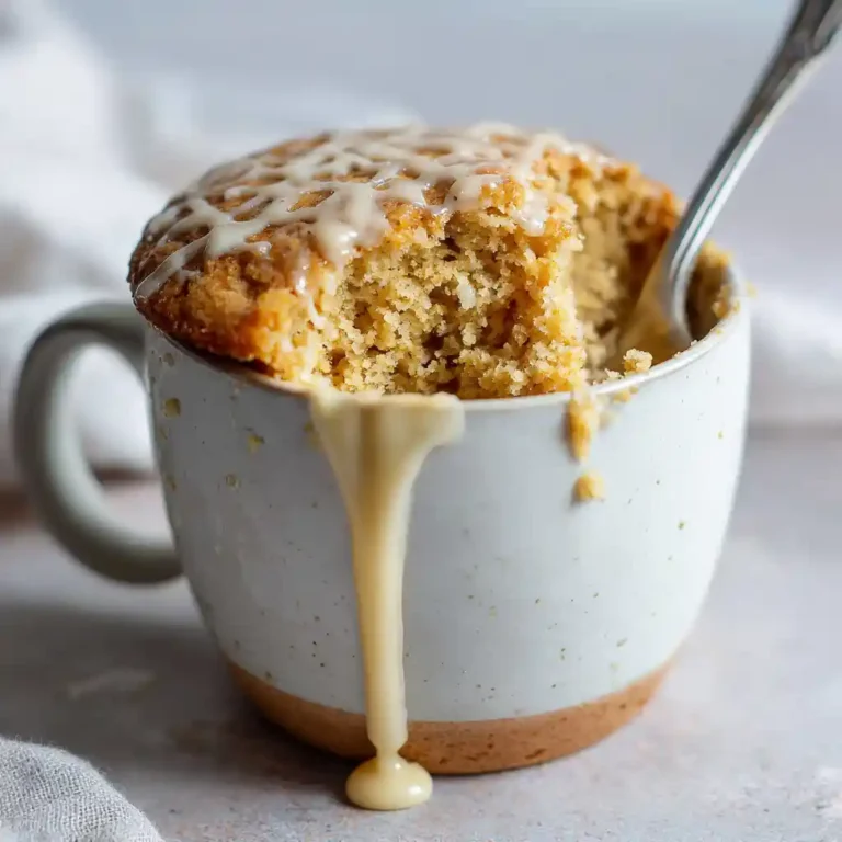 Coffee Mug Cake with Cake Mix close-up with vanilla glaze