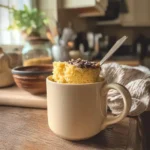 Eggless Vanilla Mug Cake in white mug on kitchen counter