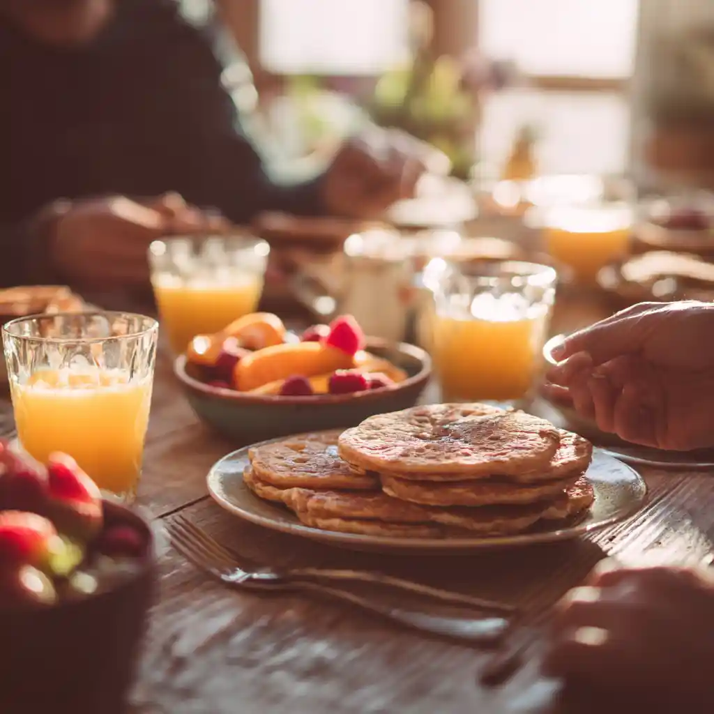 Family serving flourless oat pancakes for breakfast