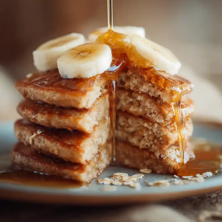 Close-up of flourless oat pancakes with bananas and syrup