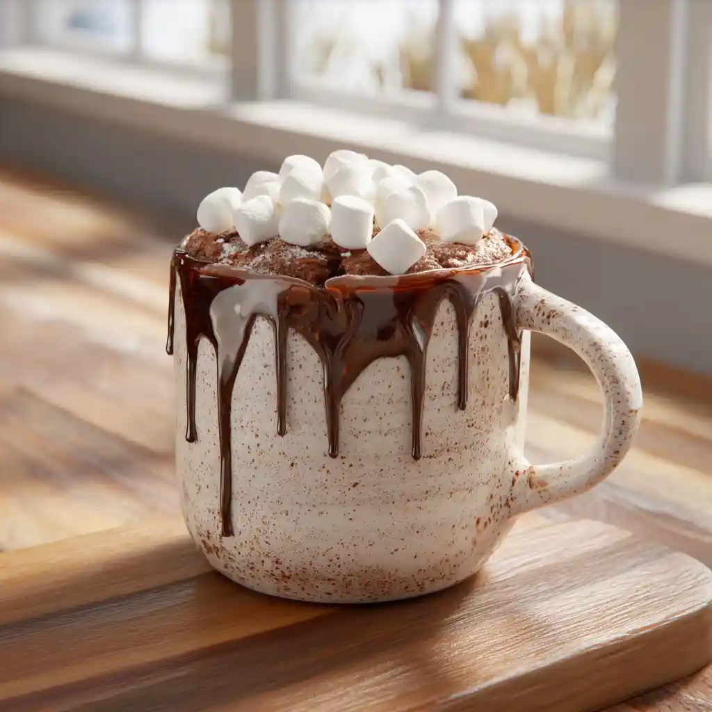 Hot chocolate cake in a mug with marshmallows