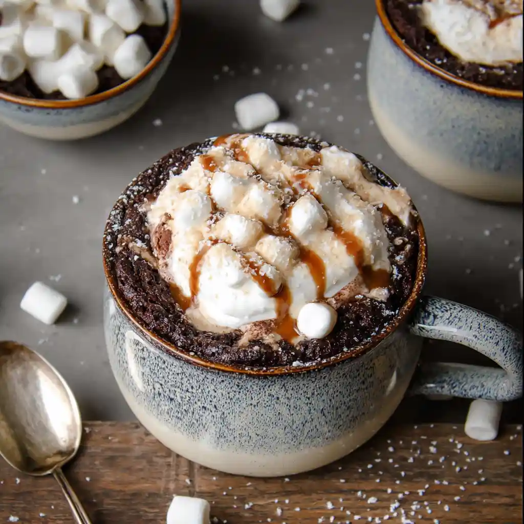 Hot cocoa cake in a mug freshly baked
