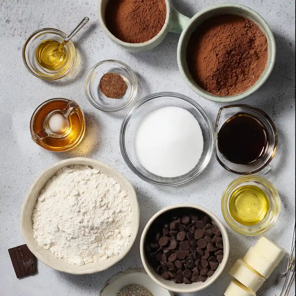 Ingredients for hot cocoa cake in a mug
