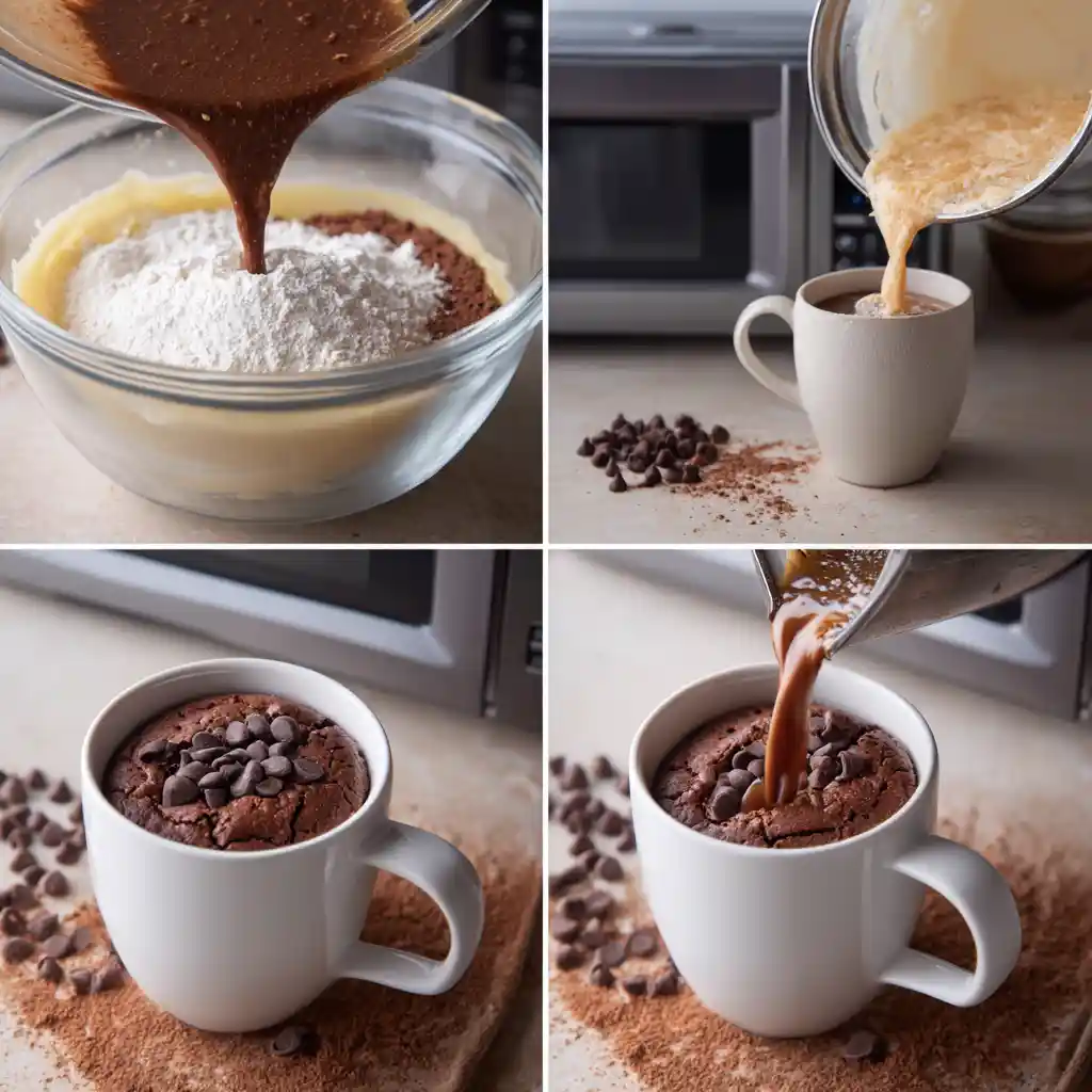 Steps for making hot cocoa cake in a mug