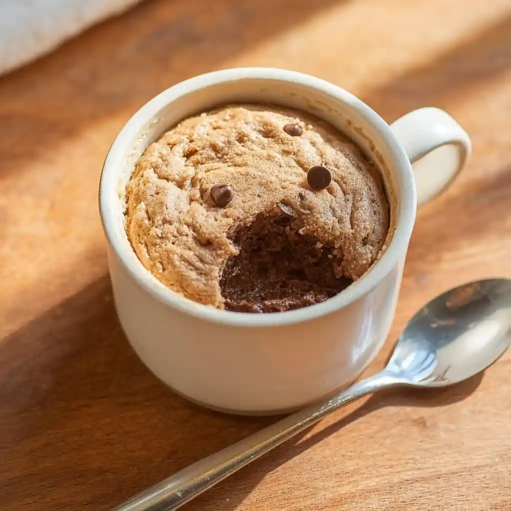 microwave protein mug cake in white mug