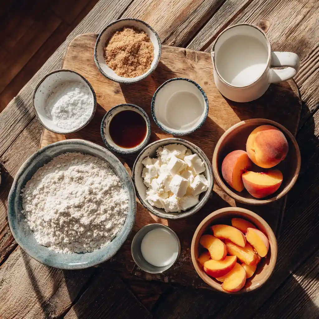 peach cobbler mug cake ingredients flat lay