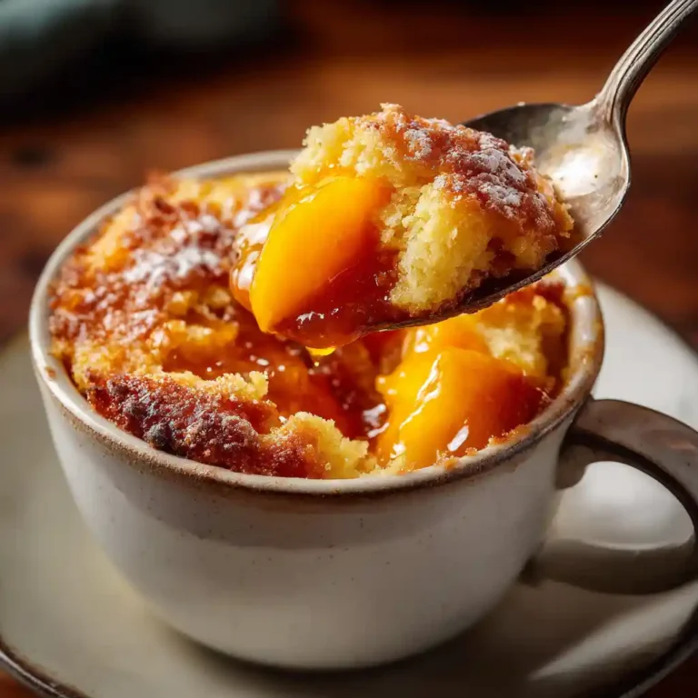 peach cobbler mug cake dessert close-up