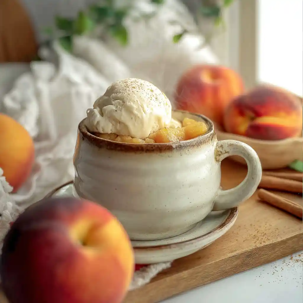 peach cobbler mug cake cozy kitchen scene