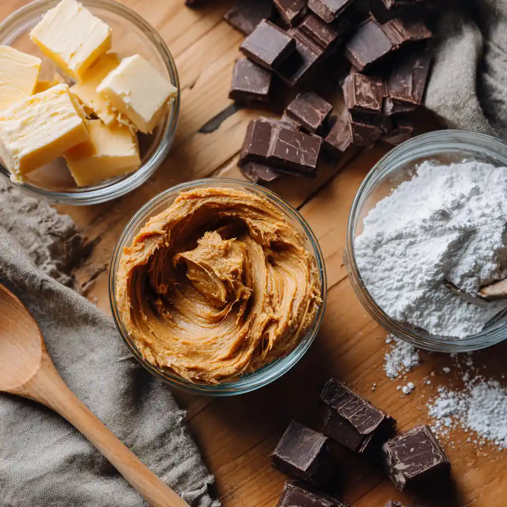 Ingredients for peanut butter chocolate balls on rustic table