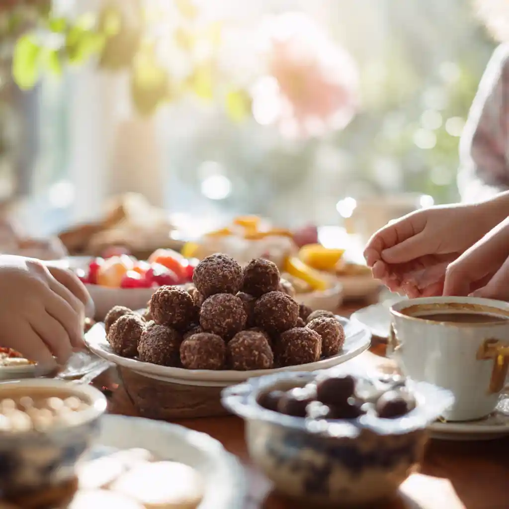 Serving peanut butter chocolate balls on dessert table